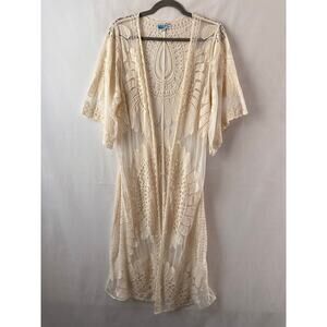 Rebellion Lace Crochet Kimono Cardigan Cream Boho Beach Cover Up Western Small